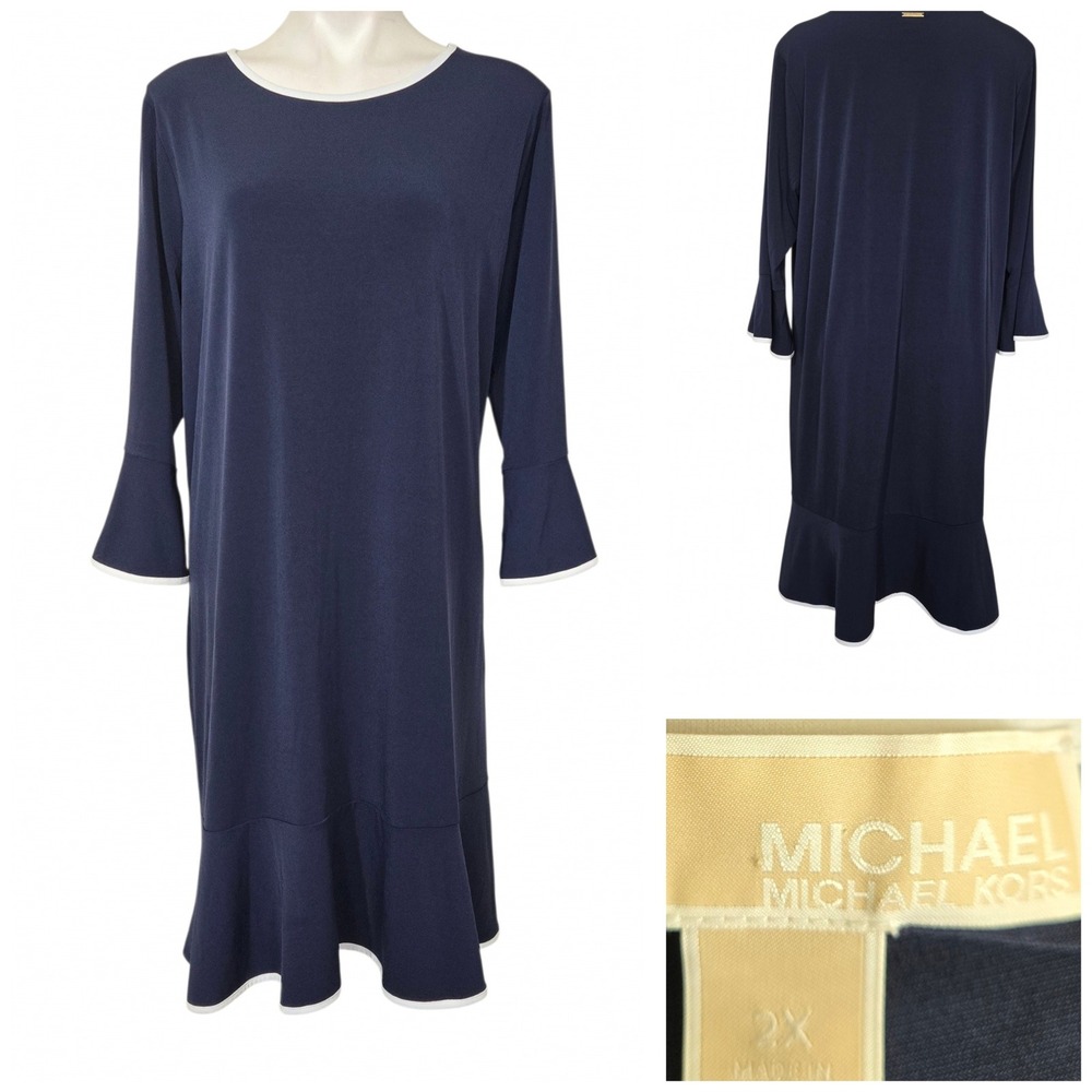 Michael Kors Shift Dress 2X Navy Blue White Trim Bell Sleeve Flounce Hem